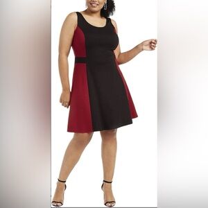 NWT Rosie Harlow Red & Black Color Block Scoop Neck Fit & Flare Plus Dress, 1X